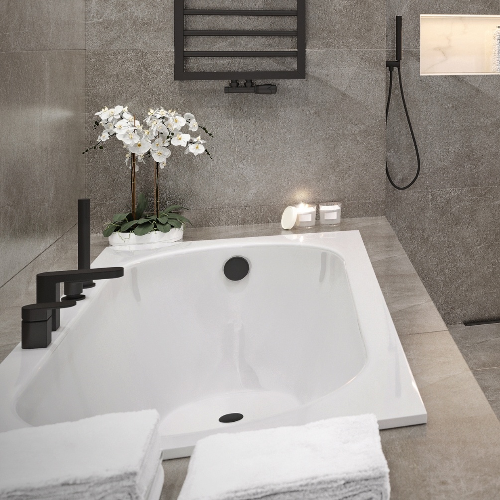 Product Lifestyle image of the Abacus Series 1 1700mm x 700mm Single Ended Bath paired with matt black brassware
